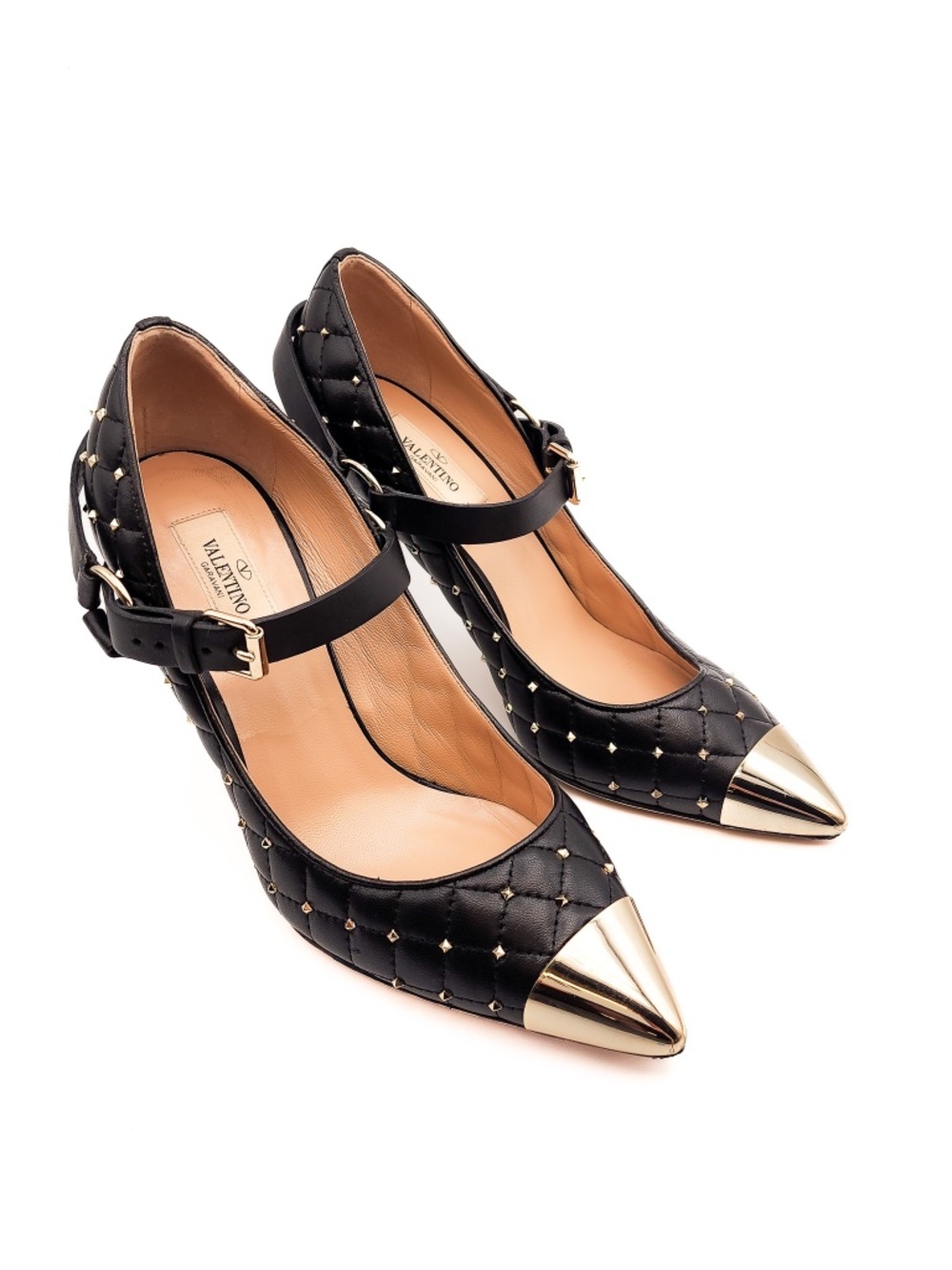 Valentino Garavani Black Leather Rockstud Quilted Strap Gold Cap Pumps EU 38
